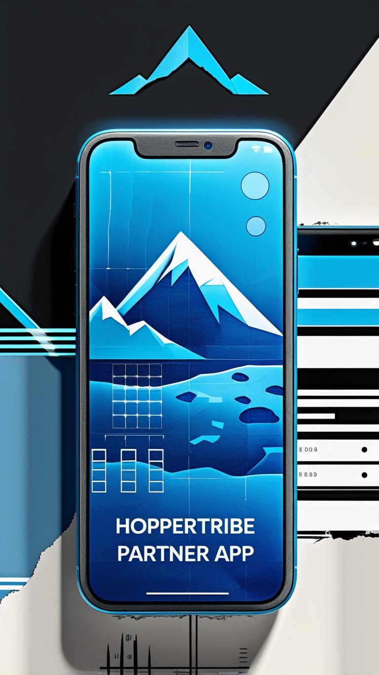 HopperTribe Partner app on a phone — blue mountain artwork with operations dashboard