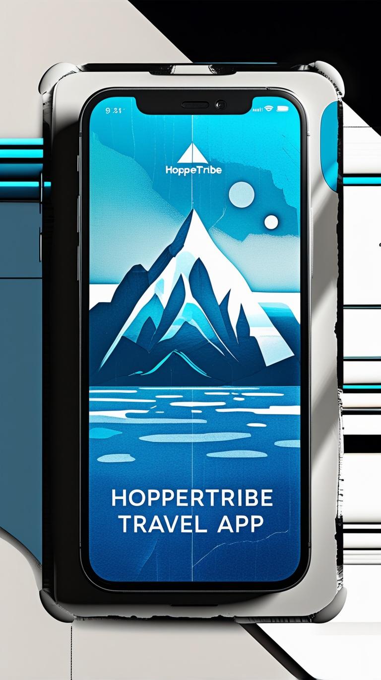 HopperTribe Travel app on a phone — mountain and sea artwork for AI travel discovery